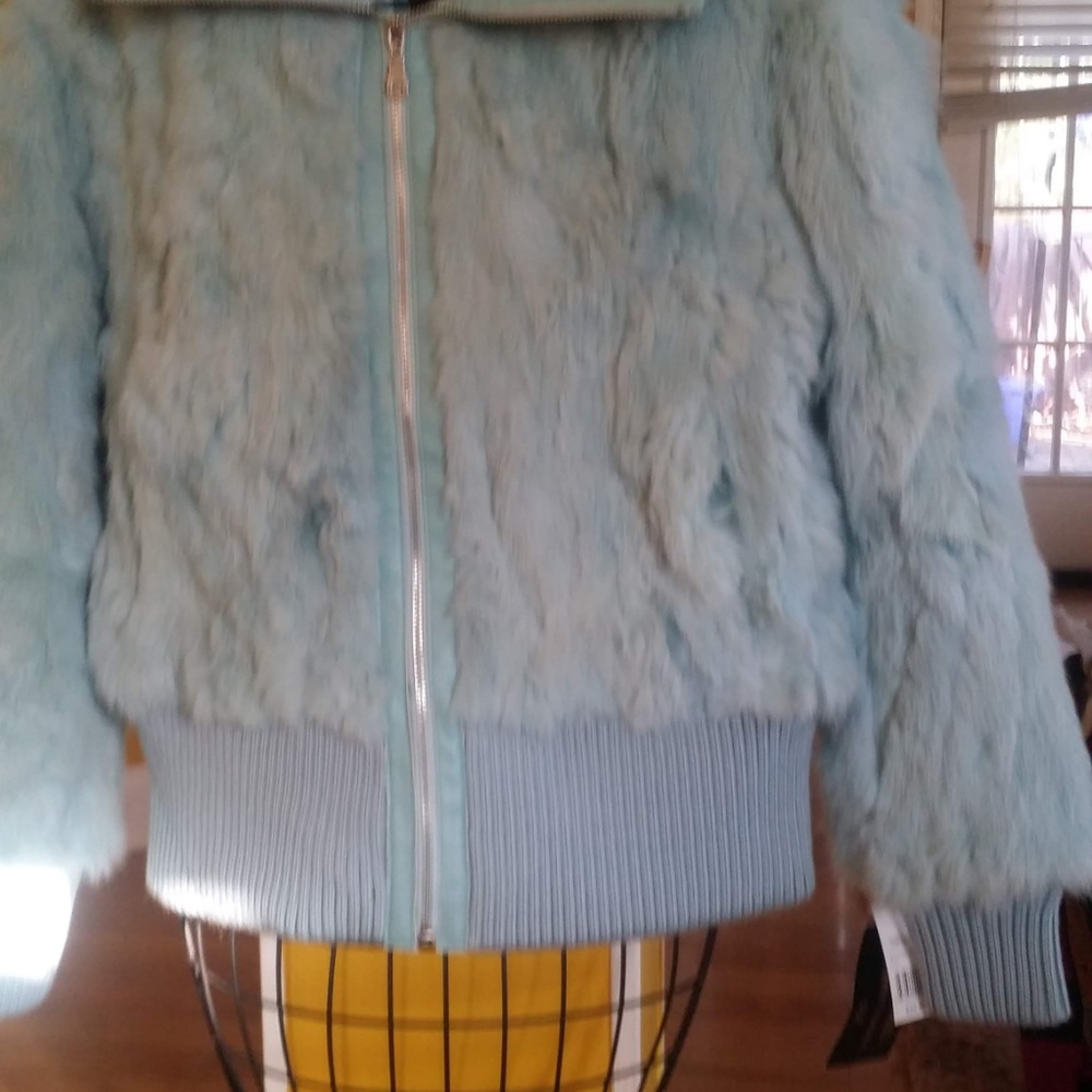 Light Blue Rabbit  Fur Bomber jacket